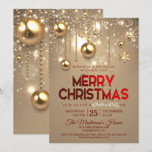 Golden Christmas Baubles & Stars Christmas Invitation