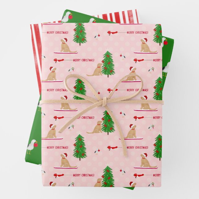 Golden Christmas Beach Day Pink Gift Wrap Set 3 (In situ)