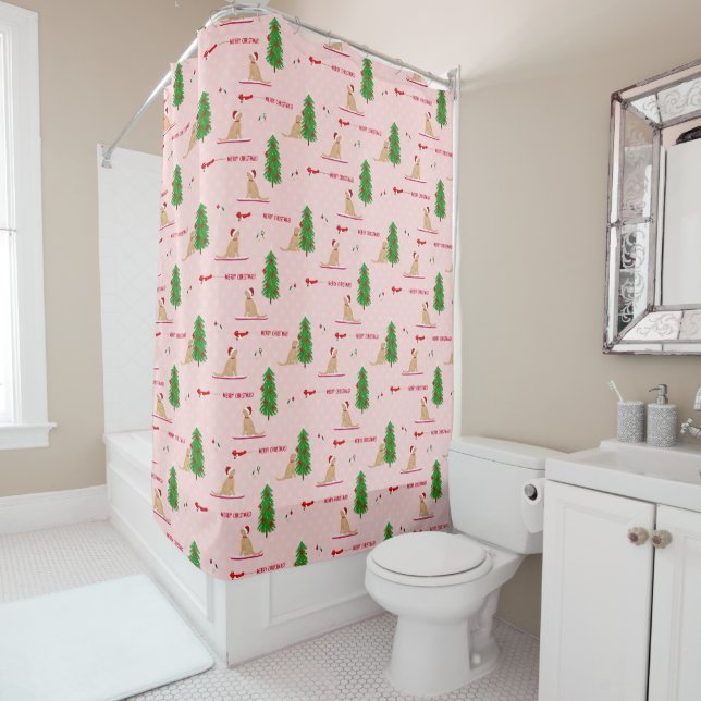 Golden Christmas Beach Day Pink Shower Curtain (In Situ)