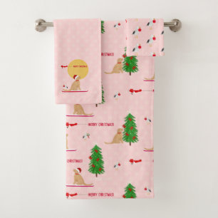 Golden Christmas Beach Day Pink Shower Curtain Bath Towel Set