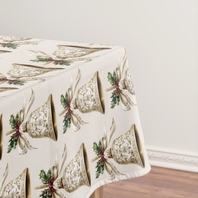 Golden Christmas Bell Beautiful Green Leaves Tablecloth (In Situ)