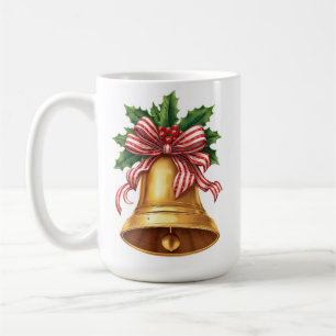 Golden Christmas Bell Holly and Stripe Bow Coffee Mug