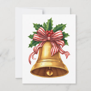 Golden Christmas Bell Holly and Stripe Bow Holiday Card