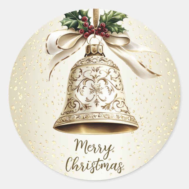 Golden Christmas Bell Shiny Stars Green Leaves Classic Round Sticker (Front)