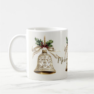 Golden Christmas Bell Shiny Stars Green Leaves Coffee Mug