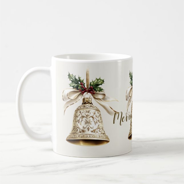 Golden Christmas Bell Shiny Stars Green Leaves Coffee Mug (Left)