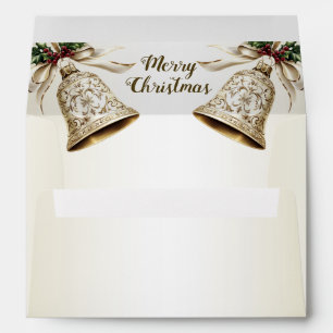 Golden Christmas Bell Shiny Stars Green Leaves Envelope