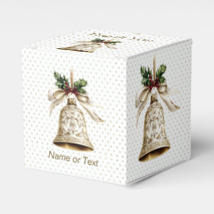 Golden Christmas Bell Shiny Stars Green Leaves Favour Box