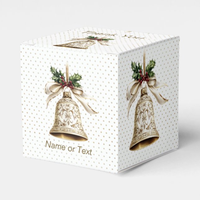 Golden Christmas Bell Shiny Stars Green Leaves Favour Box (Front Side)