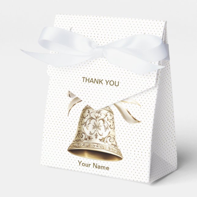 Golden Christmas Bell Shiny Stars Green Leaves Favour Box (Front Side)