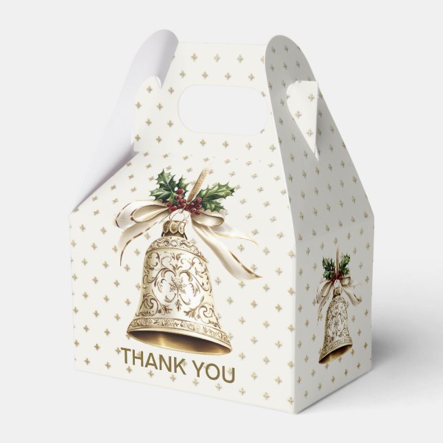 Golden Christmas Bell Shiny Stars Green Leaves Favour Box (Front Side)