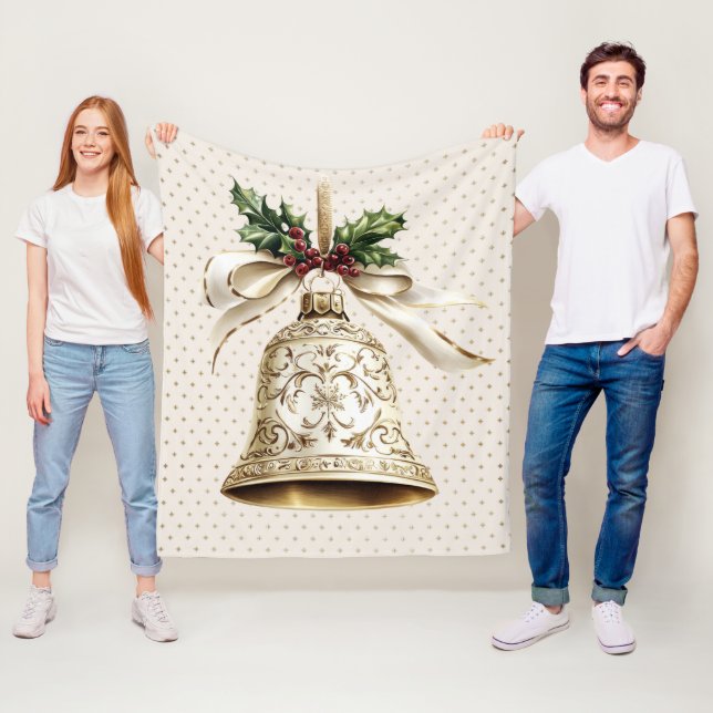 Golden Christmas Bell Shiny Stars Green Leaves Fleece Blanket (In Situ)