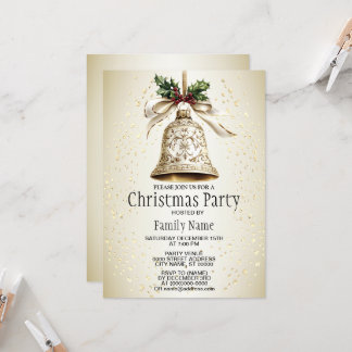Golden Christmas Bell Shiny Stars Green Leaves Invitation