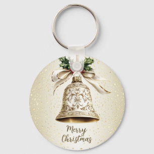 Golden Christmas Bell Shiny Stars Green Leaves Key Ring