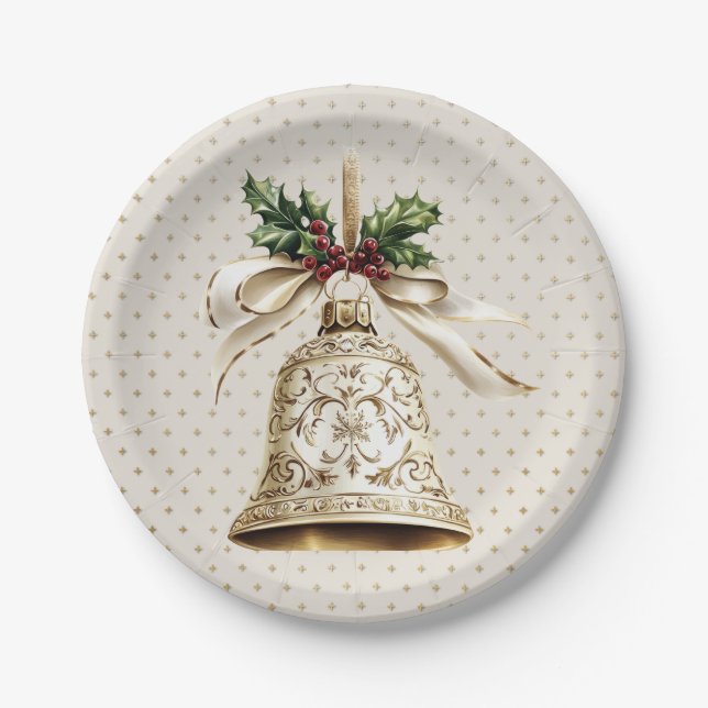Golden Christmas Bell Shiny Stars Green Leaves Paper Plate (Front)