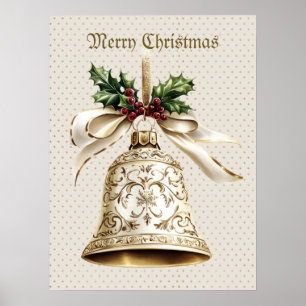Golden Christmas Bell Shiny Stars Green Leaves Poster