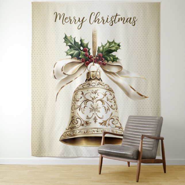 Golden Christmas Bell Shiny Stars Green Leaves Tapestry (In Situ)