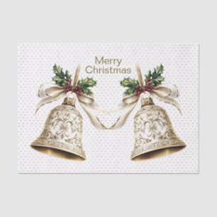 Golden Christmas Bell Shiny Stars Green Leaves Tissue Paper