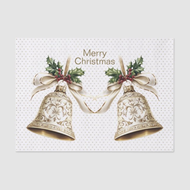 Golden Christmas Bell Shiny Stars Green Leaves Tissue Paper (Front)