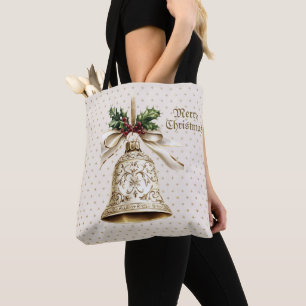 Golden Christmas Bell Shiny Stars Green Leaves Tote Bag