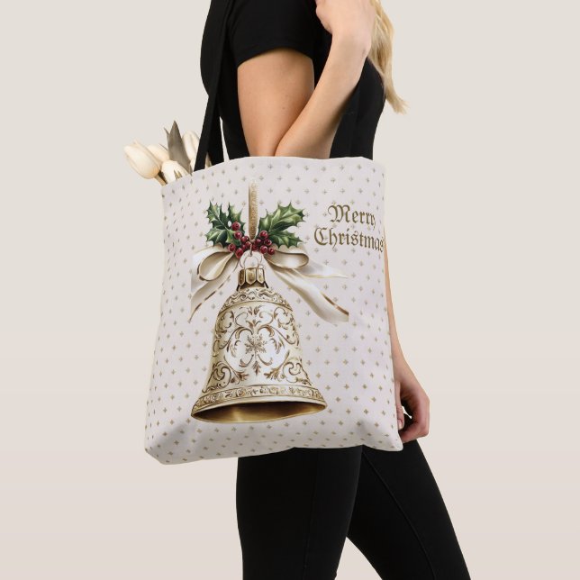 Golden Christmas Bell Shiny Stars Green Leaves Tote Bag (Close Up)