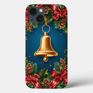 Golden Christmas Bell Surrounded by Festive Red Bo iPhone 13 Case