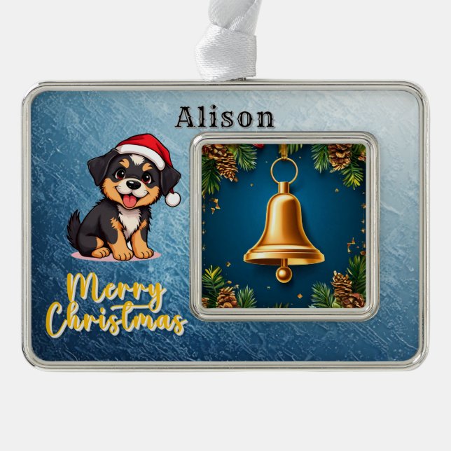 Golden Christmas Bell Surrounded by Festive Red Bo Silver Plated Framed Ornament (Front)