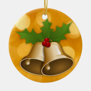 Golden Christmas Bells and Holly Ornament