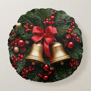 Golden Christmas Bells on Evergreen Decorations Round Cushion