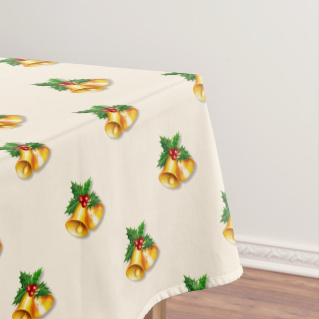 Golden Christmas Bells on Light Champagne Beige Tablecloth (In Situ)