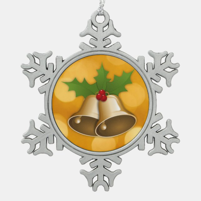 Golden Christmas Bells Pewter Snowflake Ornament (Front)