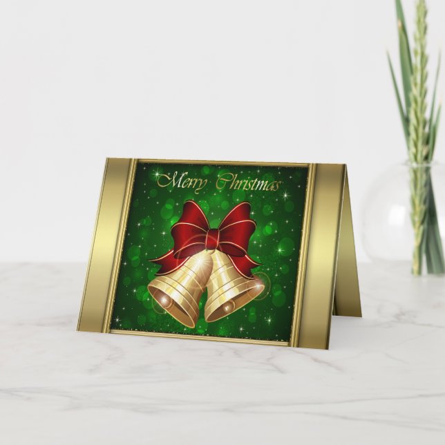 Golden Christmas Bells Red Bow Holiday Card (Front)