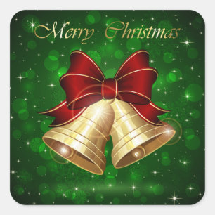 Golden Christmas Bells Red Bow Square Sticker