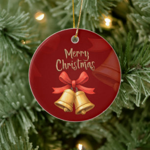 Golden Christmas Bells Red Holiday Art Ceramic Tree Decoration