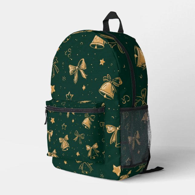 Golden Christmas Bells & Ribbons Pattern Printed Backpack (Back Corner Right)