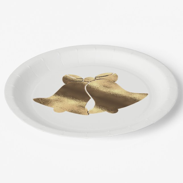 Golden Christmas Bells White Gold Festive Elegant Paper Plate (Angled)