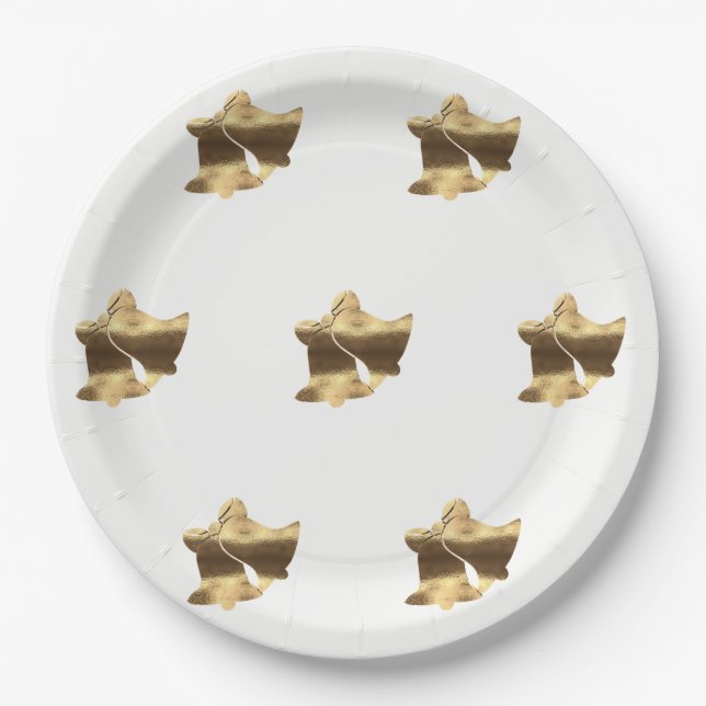 Golden Christmas Bells White Gold Pattern Elegant Paper Plate (Front)
