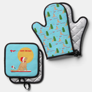 Golden Christmas Blue Beach Day Oven Mitt Set