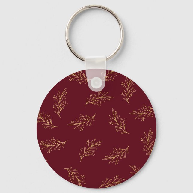 Golden Christmas Branches On Red Background Key Ring (Front)
