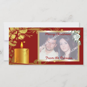 Golden Christmas Candle And Flowers Custom Product Holiday Card