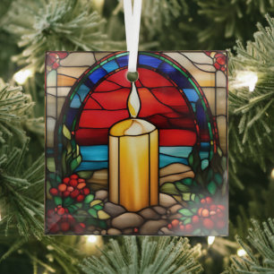 Golden Christmas Candle Faux Stained Glass Tree Decoration
