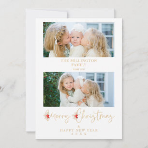 Golden Christmas Effect Botanical Holly 2 Photos Holiday Card