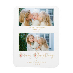 Golden Christmas Effect Botanical Holly 2 Photos Magnet