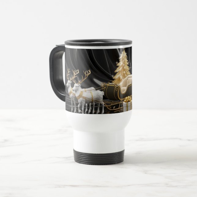 Golden Christmas Elegance – Sleigh & Reindeer  Travel Mug (Front Left)