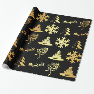 Golden christmas figures on black wrapping paper