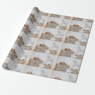 Golden Christmas Gifts and Rocking Horse Toy Wrapping Paper