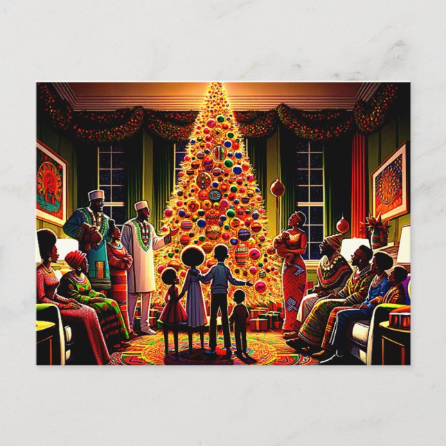 Golden Christmas Glow: African American Family's F Holiday Postcard (Front)