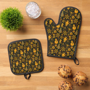 Golden Christmas Icons Oven Mitt & Pot Holder Set