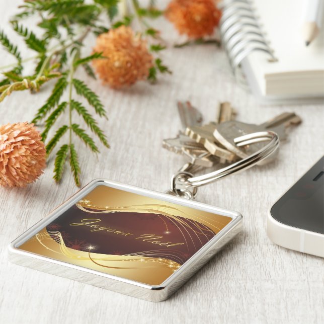 Golden Christmas motive with red background... Key Ring (Side)