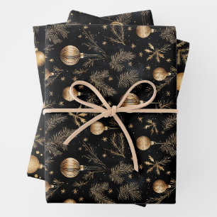 Golden Christmas Ornaments Pine Needles Holiday Wrapping Paper Sheet